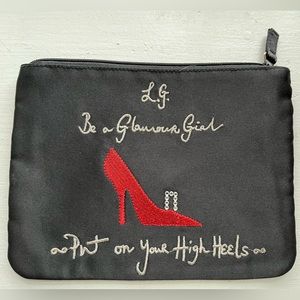 Lulu Guinness Black Evening Clutch/Makeup Bag with Emb Heel and Rhinestones